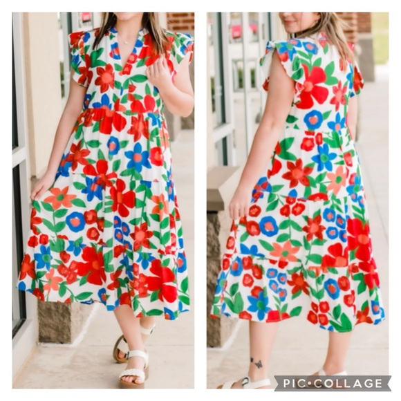 Entro floral v-neck flutter sleeve midi dress size small - Picture 1 of 6